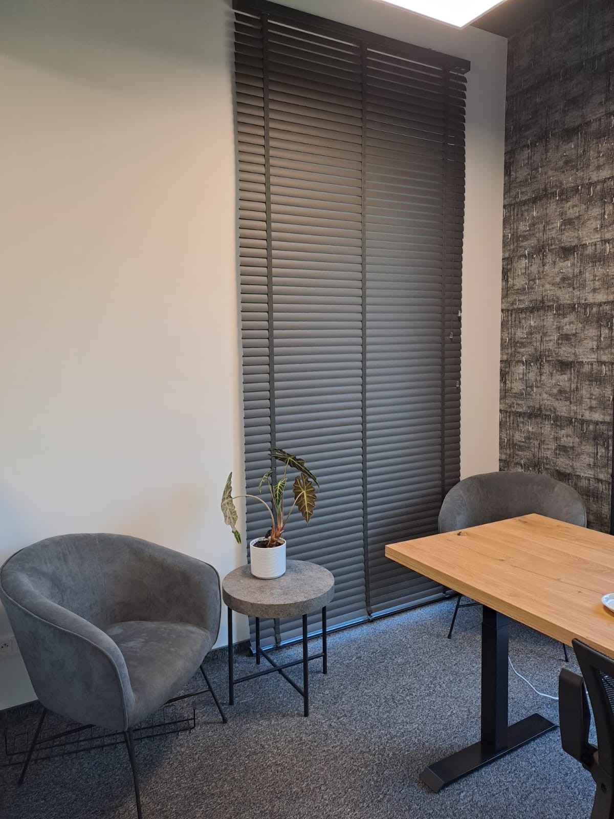 Nowoczesne Żaluzje Aluminiowe - Elegancja i Funkcjonalność | VEO Design Łódź Zdjęcie prezentuje elegancko zaprojektowane żaluzje aluminiowe w nowoczesnym biurze w Łodzi. Ich estetyczny wygląd doskonale harmonizuje z wnętrzem, zapewniając jednocześnie ochronę przed słońcem i zachowując prywatność.