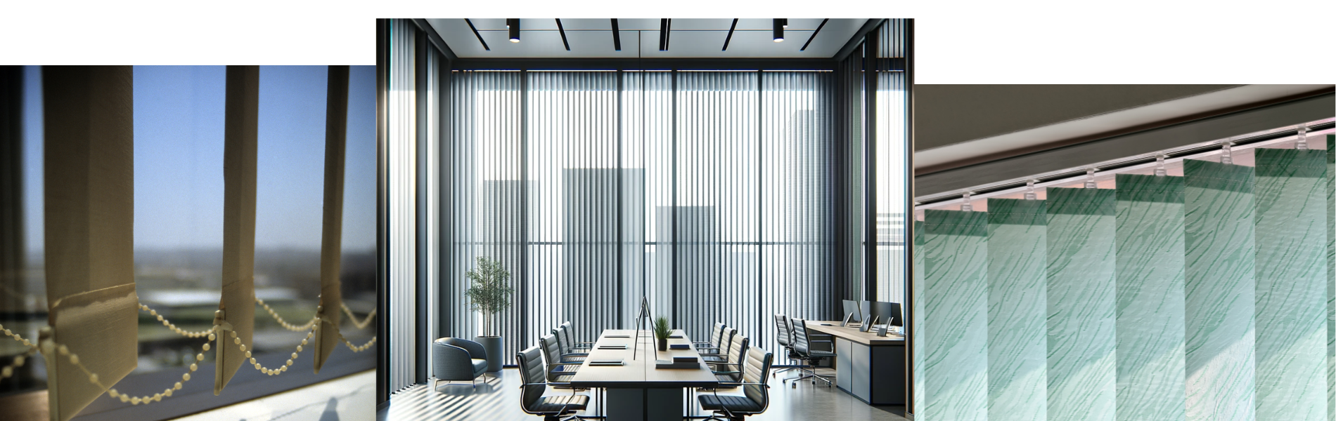 Zdjęcie przedstawia nowoczesne biuro w Łodzi, gdzie duże okna są osłonięte pionowymi żaluzjami (verticale). Te eleganckie żaluzje nie tylko funkcjonalnie zarządzają dostępem światła, ale również dodają przestrzeni profesjonalnego wyglądu, idealnie współgrając z biznesowym charakterem wnętrza.