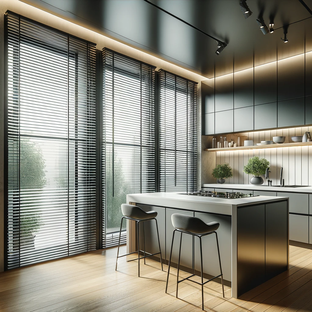Zdjęcie prezentuje żaluzje aluminiowe o szerokości 50 mm, zamontowane na dużych oknach w nowoczesnej kuchni. Żaluzje te nie tylko dodają elegancji przestrzeni, ale także są praktyczne, umożliwiając regulację światła i zapewniając prywatność